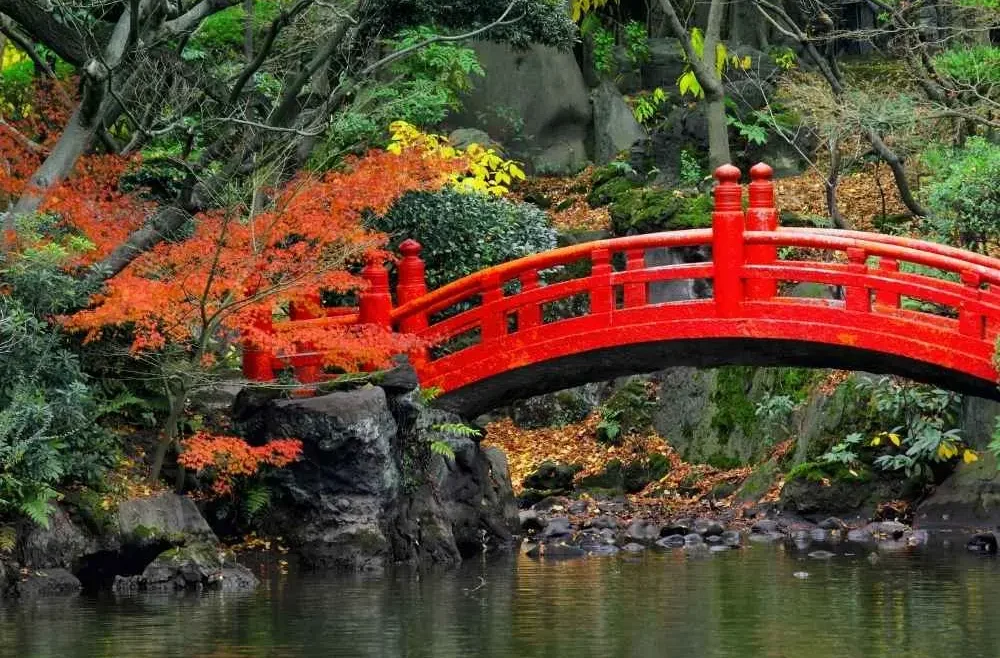 Klasyczny ogród japoński z czerwonym mostem nawiązującym do bramy tori.