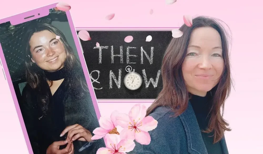 Kolaż zdjęć pokazujący metamorfozę twarzy. Napis: then & now.