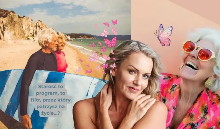 Kolaż zdjęć. Para seniorów nad morzem. Mężczyzna trzyma pod ręką deskę surfingowa. Kobieta w siwych włosach w naturalnym wydaniu zakrywa dłońmi odsłonięte ciało na dekolcie. Kobieta w siwych włosach, w kolorowej bluzce w różowych okularach a nad nią moty.