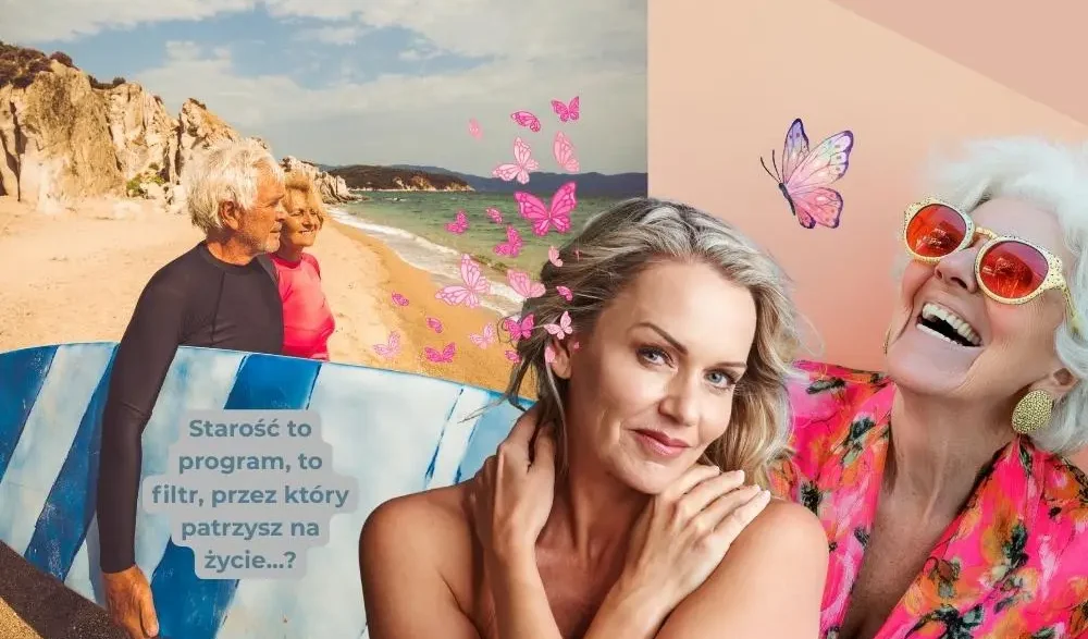 Kolaż zdjęć. Para seniorów nad morzem. Mężczyzna trzyma pod ręką deskę surfingowa. Kobieta w siwych włosach w naturalnym wydaniu zakrywa dłońmi odsłonięte ciało na dekolcie. Kobieta w siwych włosach, w kolorowej bluzce w różowych okularach a nad nią moty.