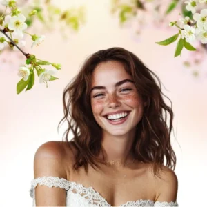 Uśmiechnięta kobieta z długimi rozpuszczonymi włosami, nad nią rozkwitające pąki wiśni.