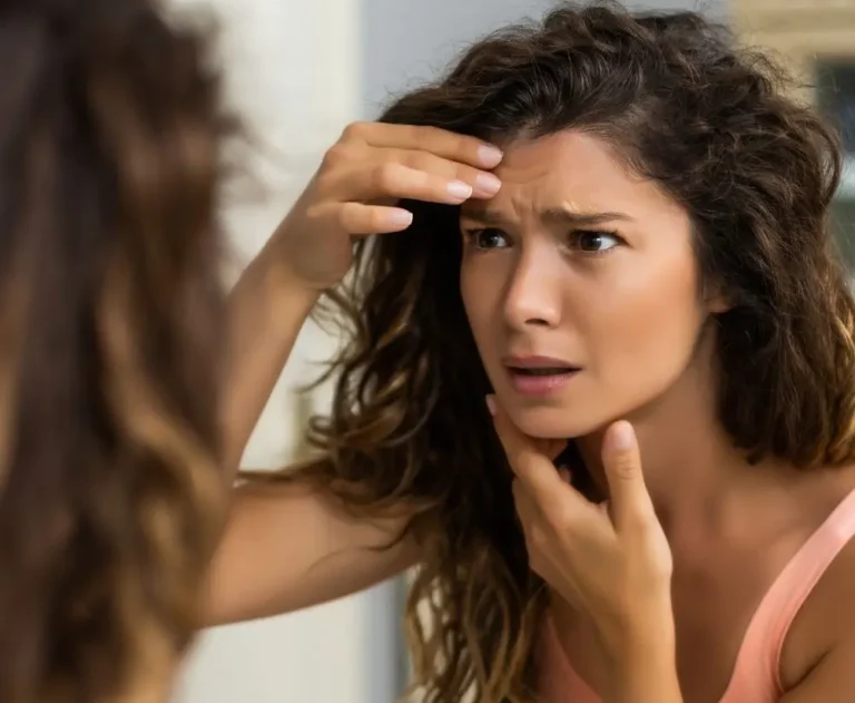 Kobieta patrzy w lustro, z zaniepokojeniem patrzy na zmarszczki.