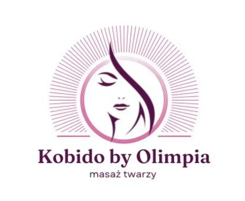 Logo Kobido by Olimpia. Przedstawia fioletowy kontur kobiecej twarzy a wokół aureola z promieni. Poniżej napis: Kobido by Olimpia, masaż twarzy.