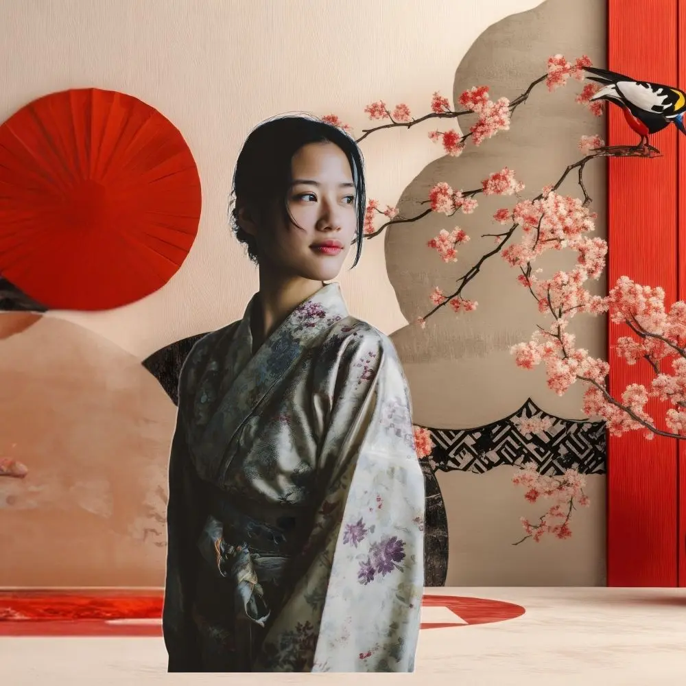 Młoda kobieta w skromnym kimono na tle ściany w japońskim stylu i gałązek kwitnącej wiśni.