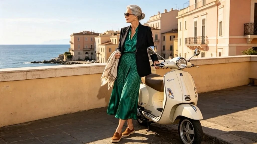 Kobieta w eleganckim stroju, marynarce i sukience opiera sie o skuter marki Vespa i patrzy na morski krajobraz. .